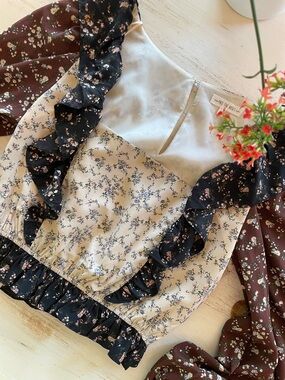 Free People Floral Patchwork Ruffle Crop Top in Brown, Cream & Black